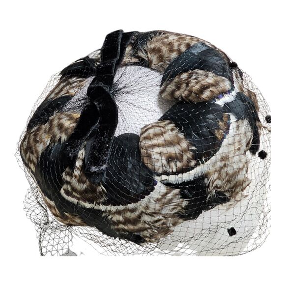Vintage 50\'s Feather Trimmed Black Pillbox Hat With Polka Dot Veil Whimsigoth main image 10